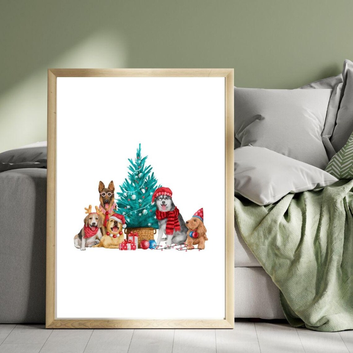 Five Cheerful Dogs Christmas Tree Watercolor Holiday Poster Art - Image 3