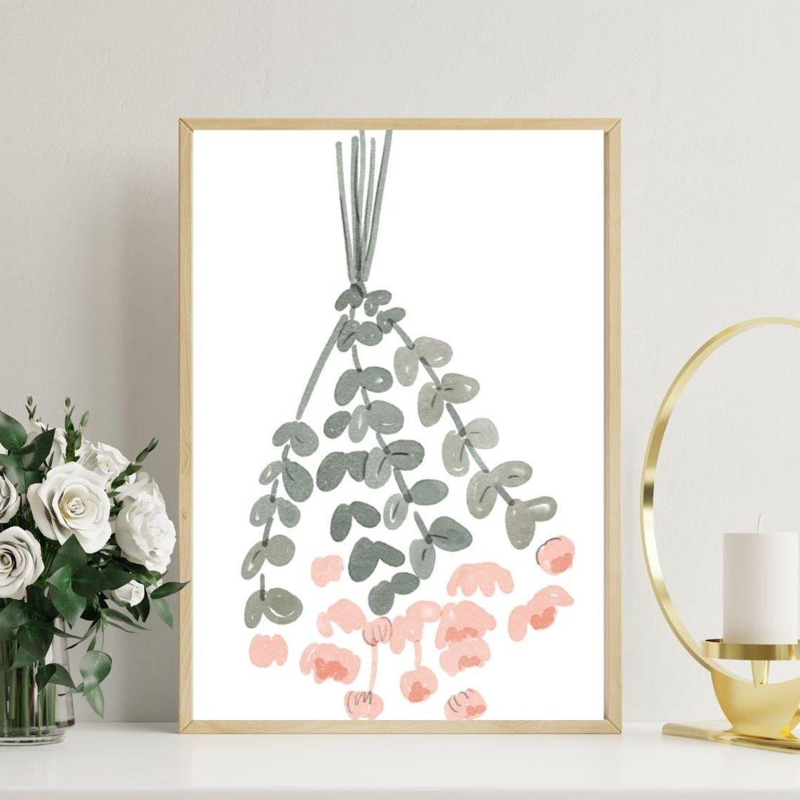 Hanging Eucalyptus Branch Blush Pink Watercolor Botanical Poster