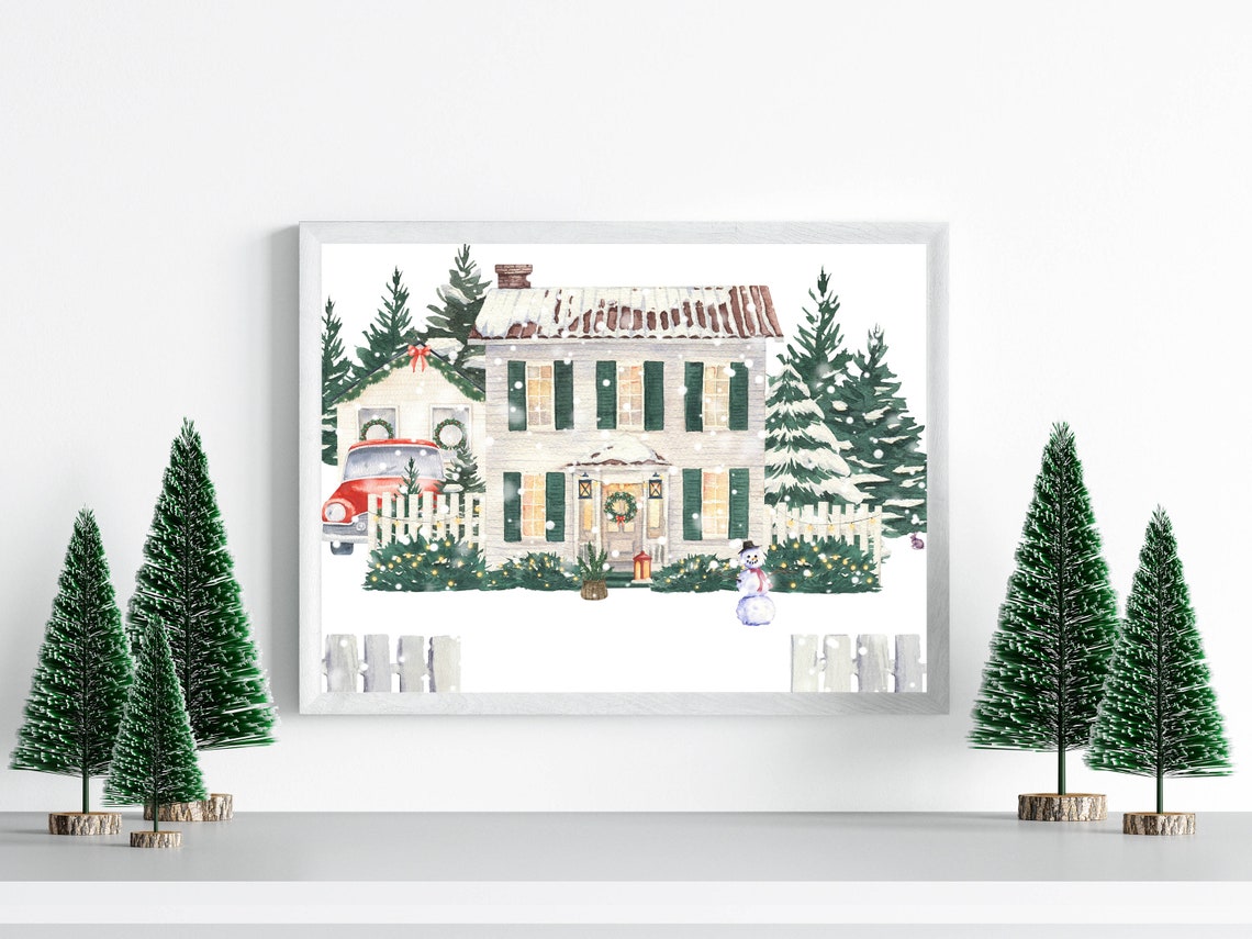 Christmas Home Country Farmhouse House 5x7 8x10 11x14 16x20 Watercolor Winter Wall Art Print Diy Holiday Decor Winter Home Sign - Image 3