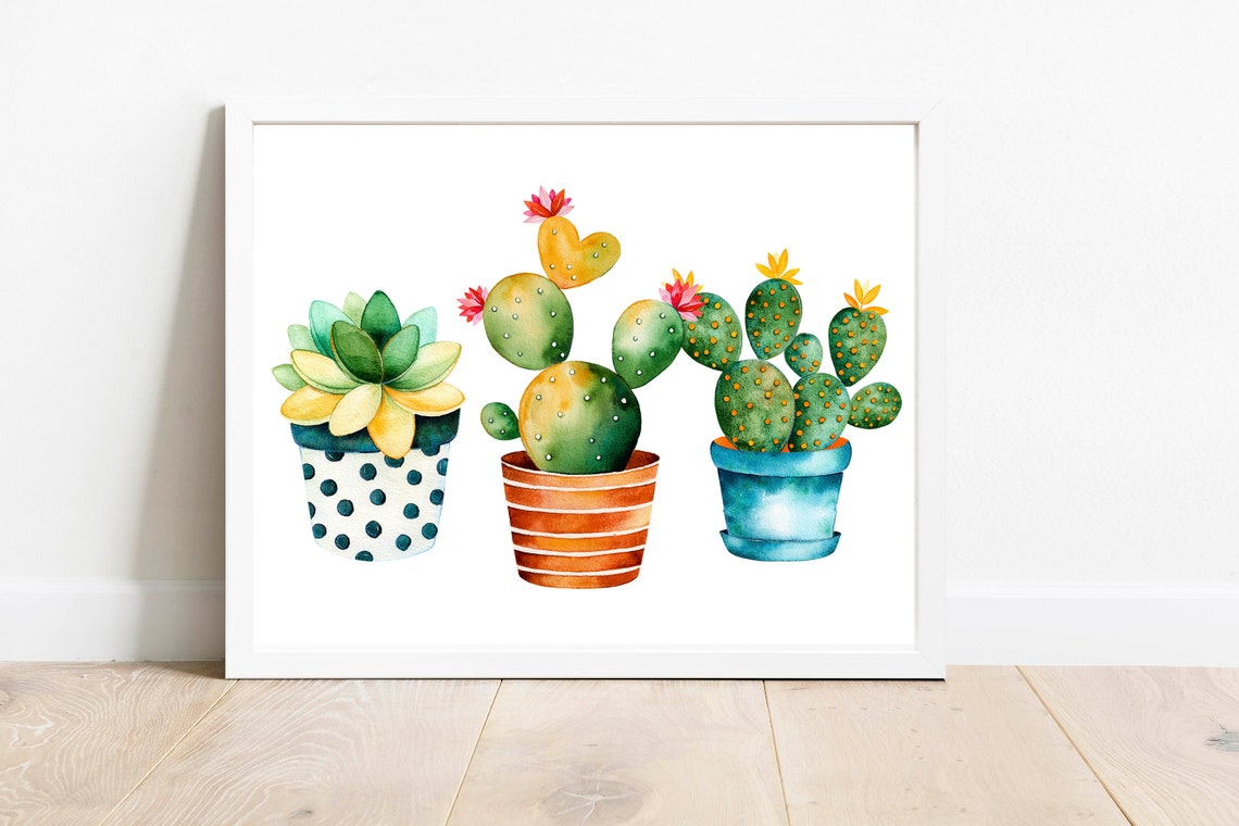 Three Potted Cacti Watercolor Patterned Pots Succulent Plant Poster - Image 2