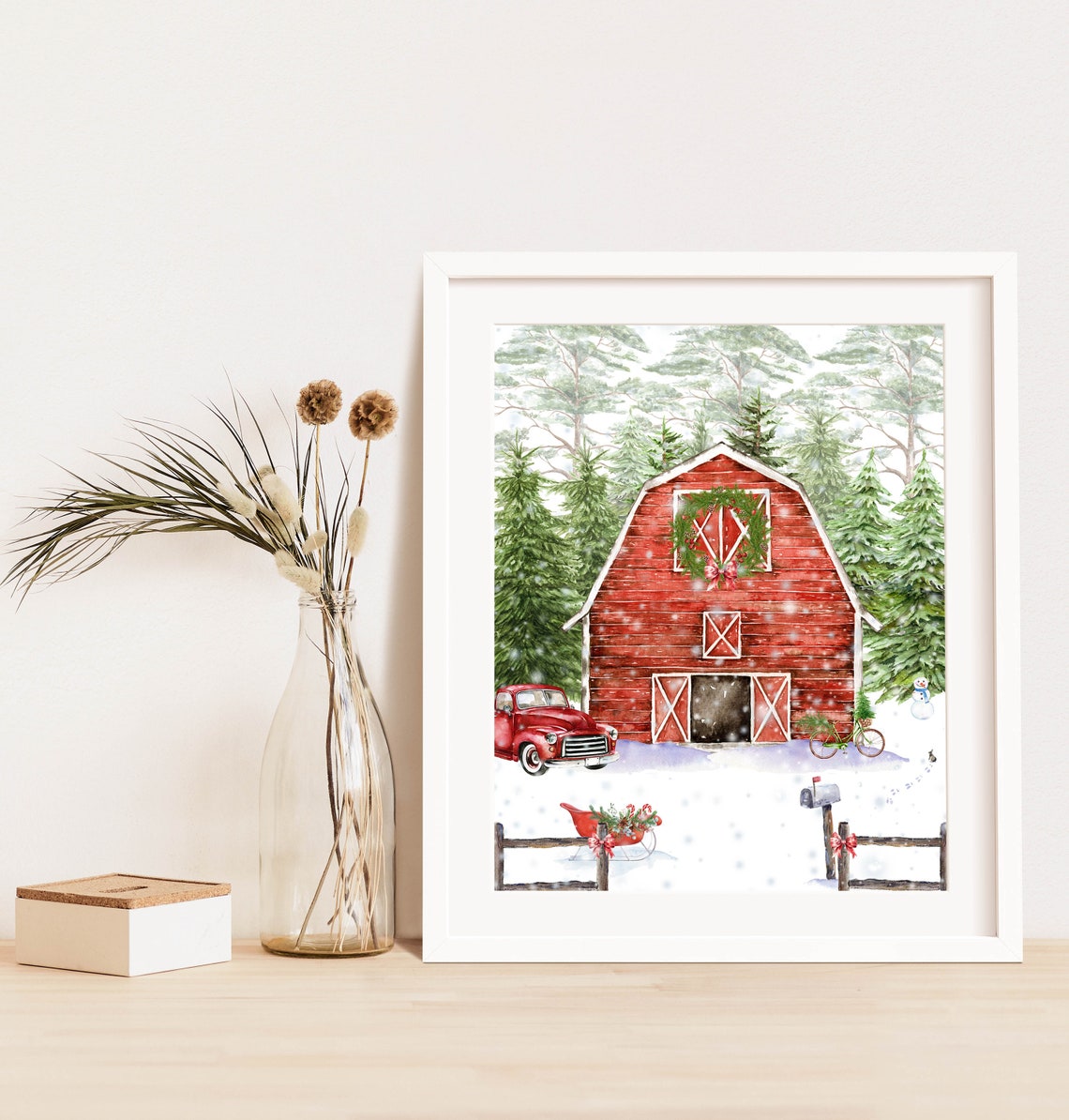 Red Barn Christmas Wreath Snowy Farm Vintage Truck Holiday Poster - Image 2