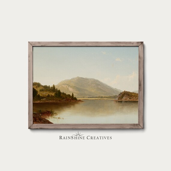 Mountain Lake with Distant Peak Hudson Style Oil Painting Poster
