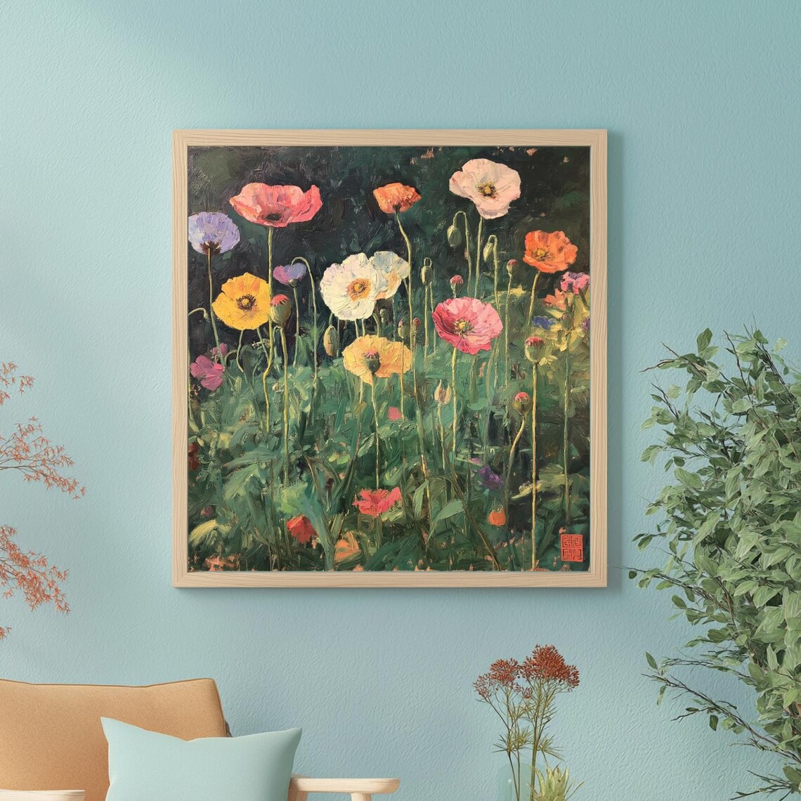 Colorful Poppies Dark Background Vibrant Floral Oil Painting Poster