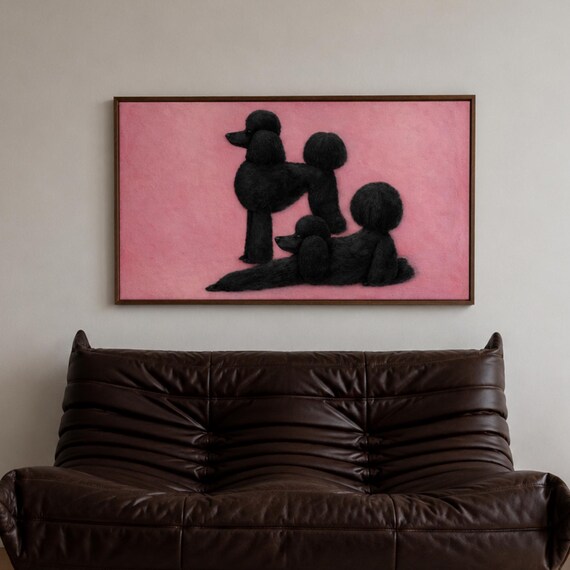 Black Pink Poodle Print Horizontal Above Bed Wall Art Whimsical Animal Illustration Hand Drawn Mid Century Modern Minimalist Dog Poster