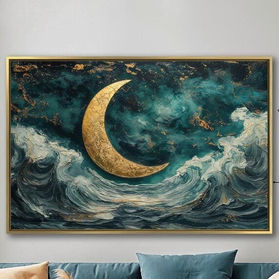 Golden Crescent Moon Over Dark Ocean Waves Abstract Art Print