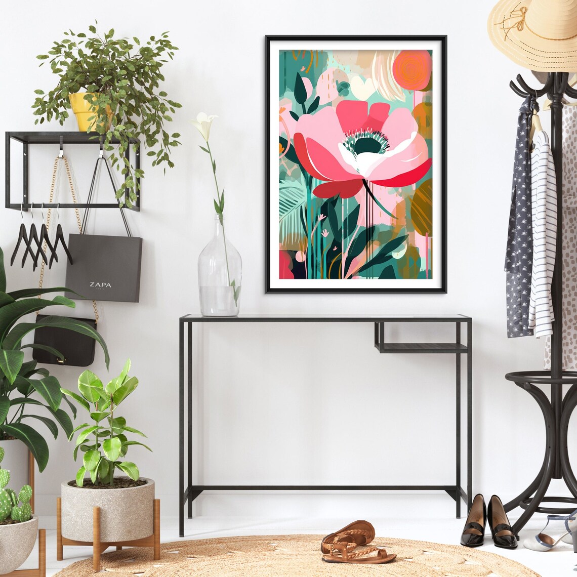 Abstract Pink Poppy Flower Teal Leaves Modern Botanical Art Print - Image 2