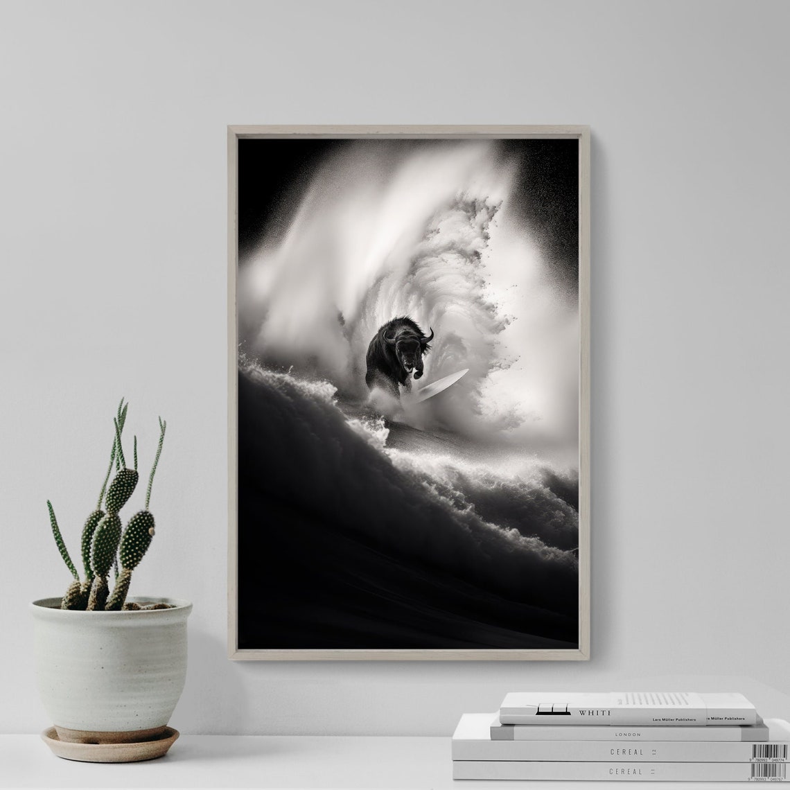 Animals Surfing Photograph Bison Art Print Poster Painting Museum Quality Giclee Home Wall Dcor