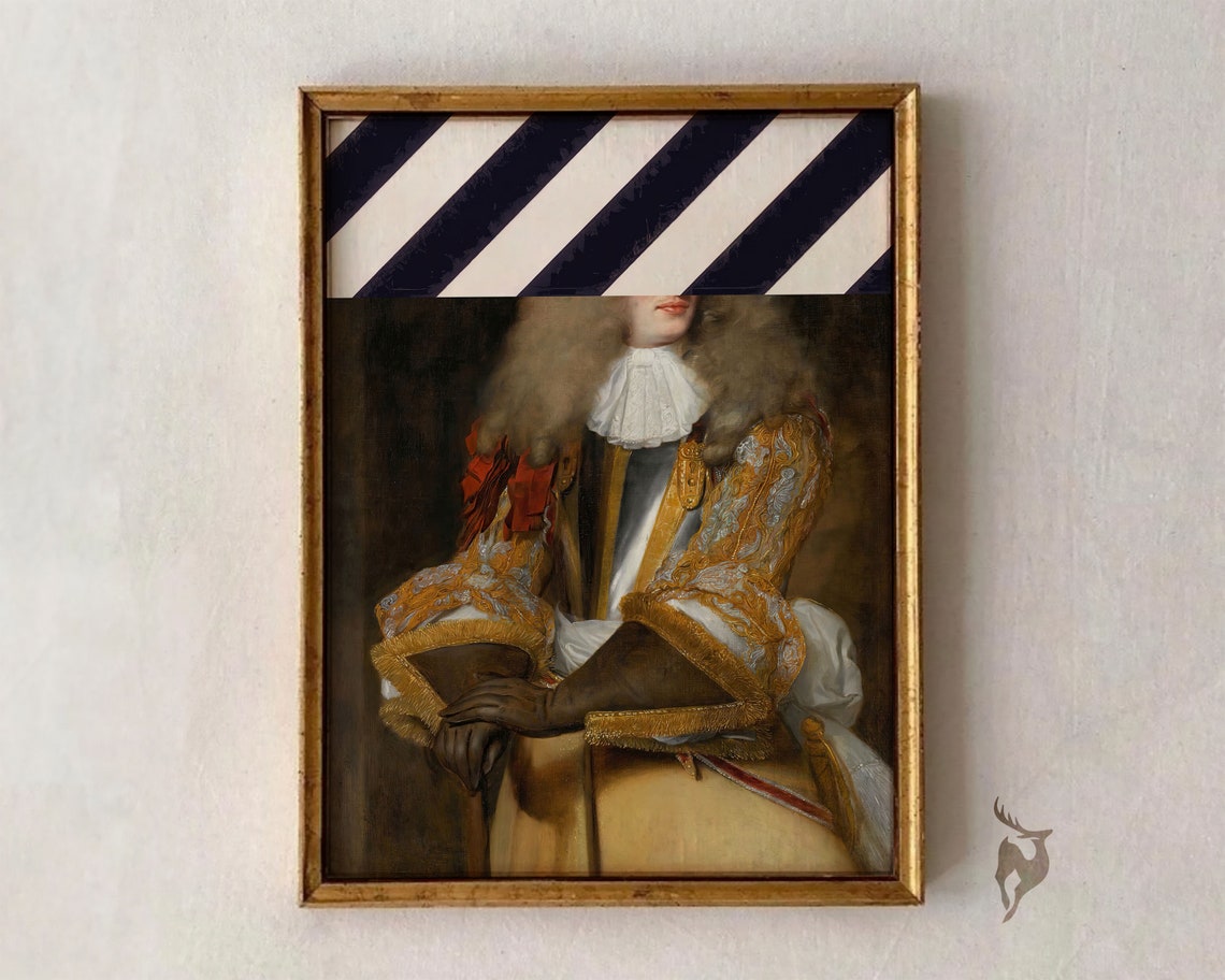 Altered Baroque Nobleman Portrait Navy Stripe Modern Art Print