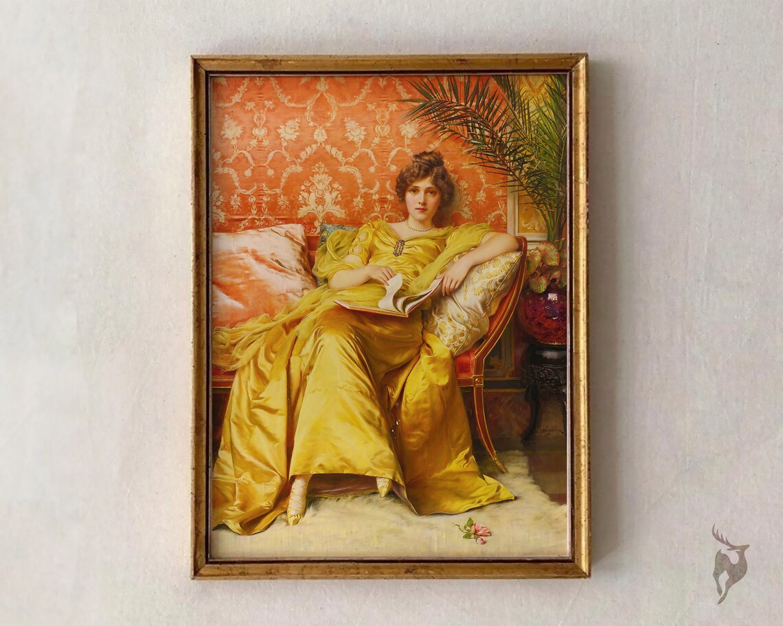 Lady In Yellow Gown Vintage Reading Portrait Classic Art Poster