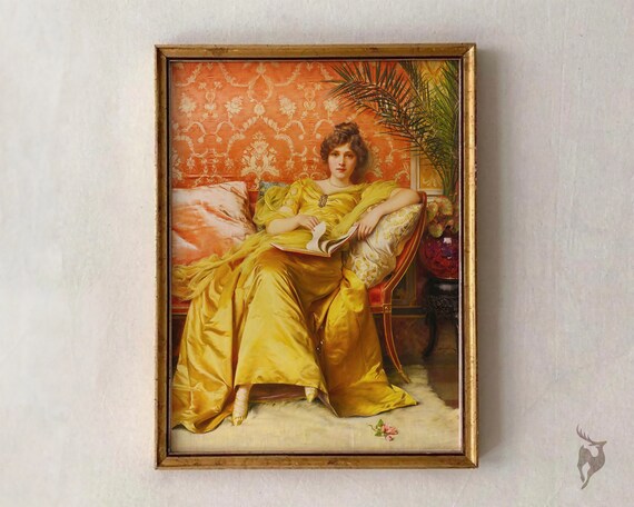 Lady In Yellow Gown Vintage Reading Portrait Classic Art Poster
