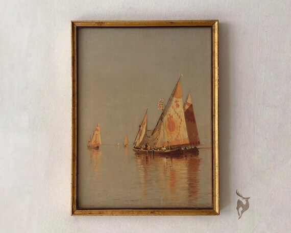 Vintage Oil Painting Sailboats Golden Sunset Calm Sea Poster