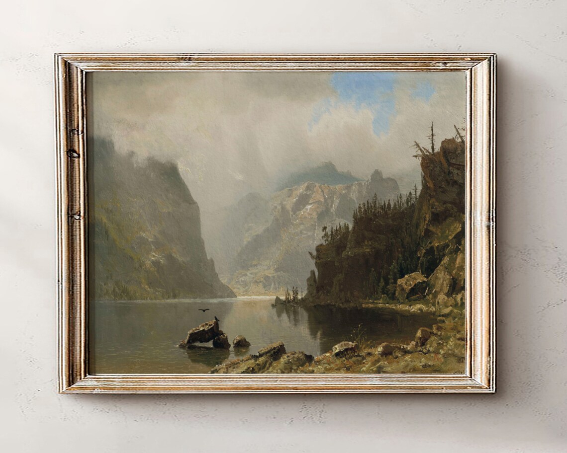 Misty Alpine Lake Vintage Landscape Painting Antique Wall Art
