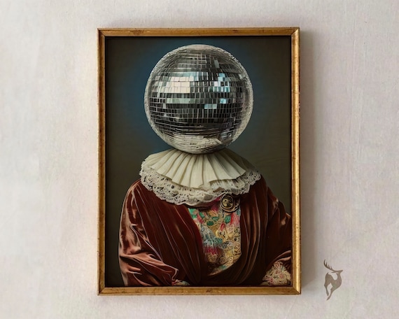 Disco Ball Head Baroque Velvet Ruff Funny Altered Art Portrait Poster