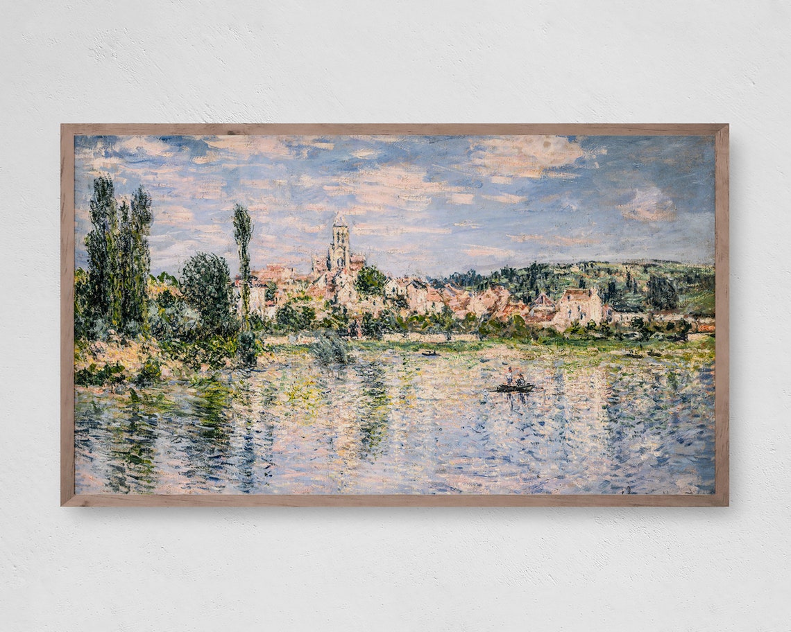 Impressionist Riverside Village With Church Tower Reflection Poster