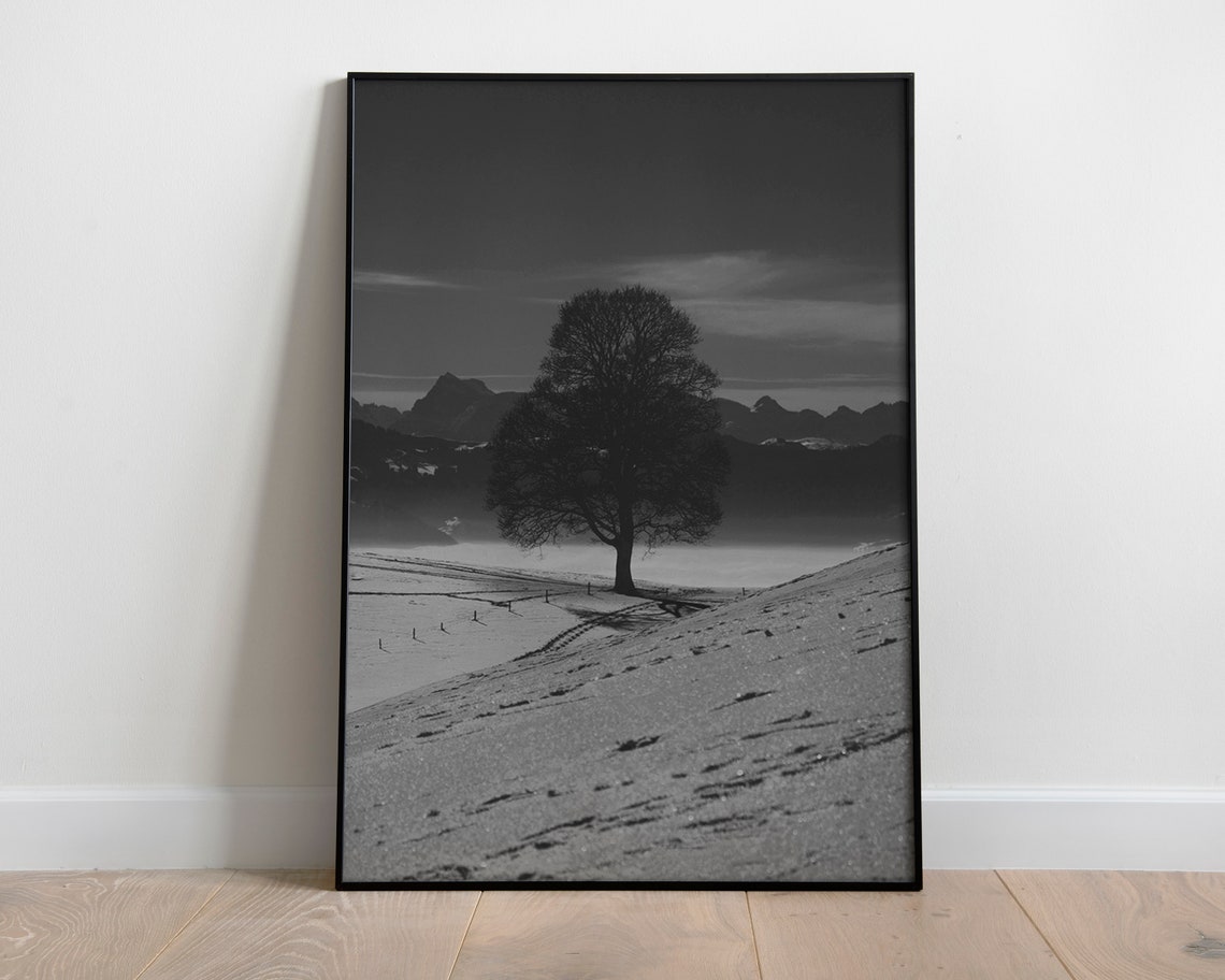 Lone Tree Winter Field Black and White Photography Poster Art