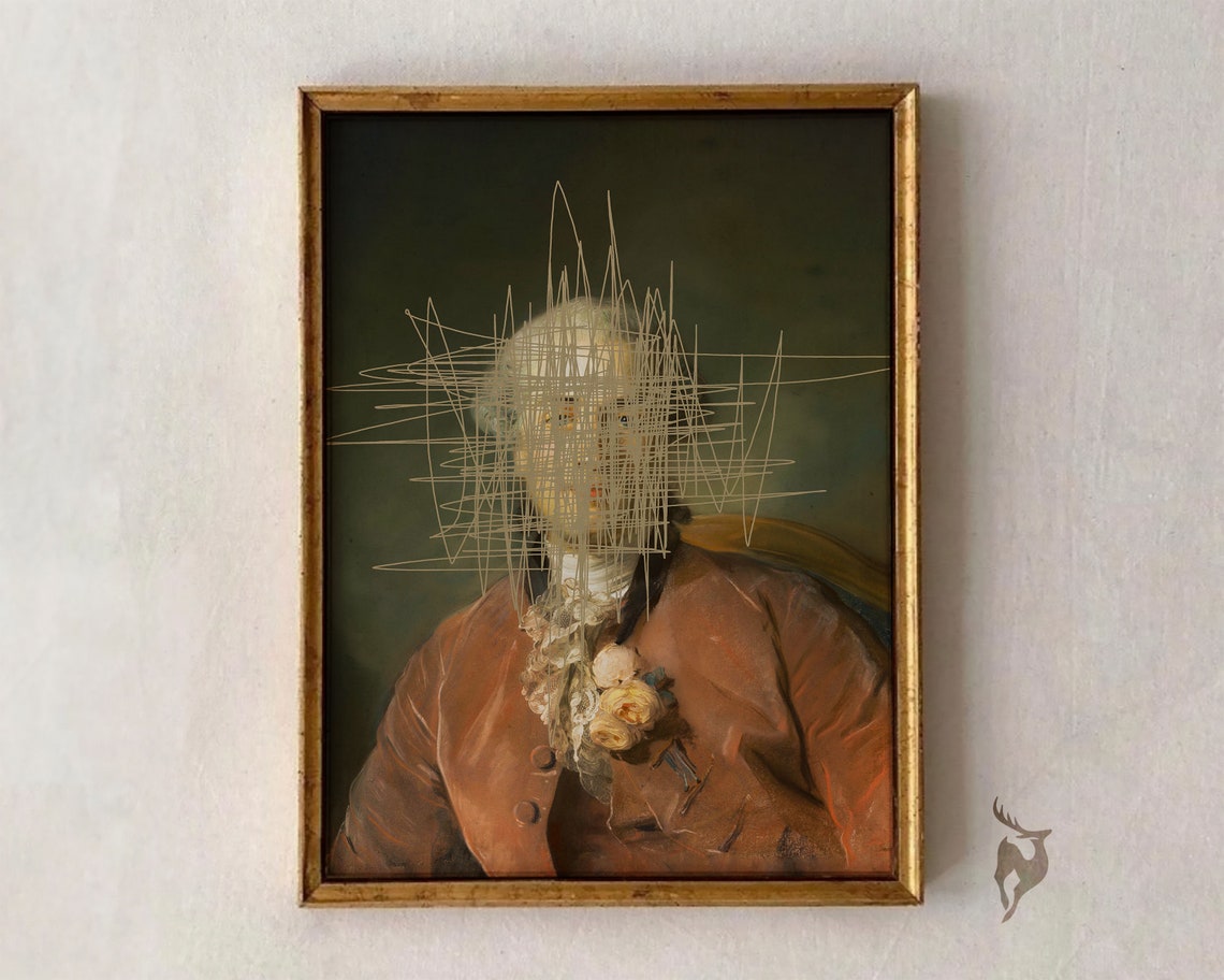 Altered 18th Century Portrait Man with Face Crossed Out Scribble Art Poster