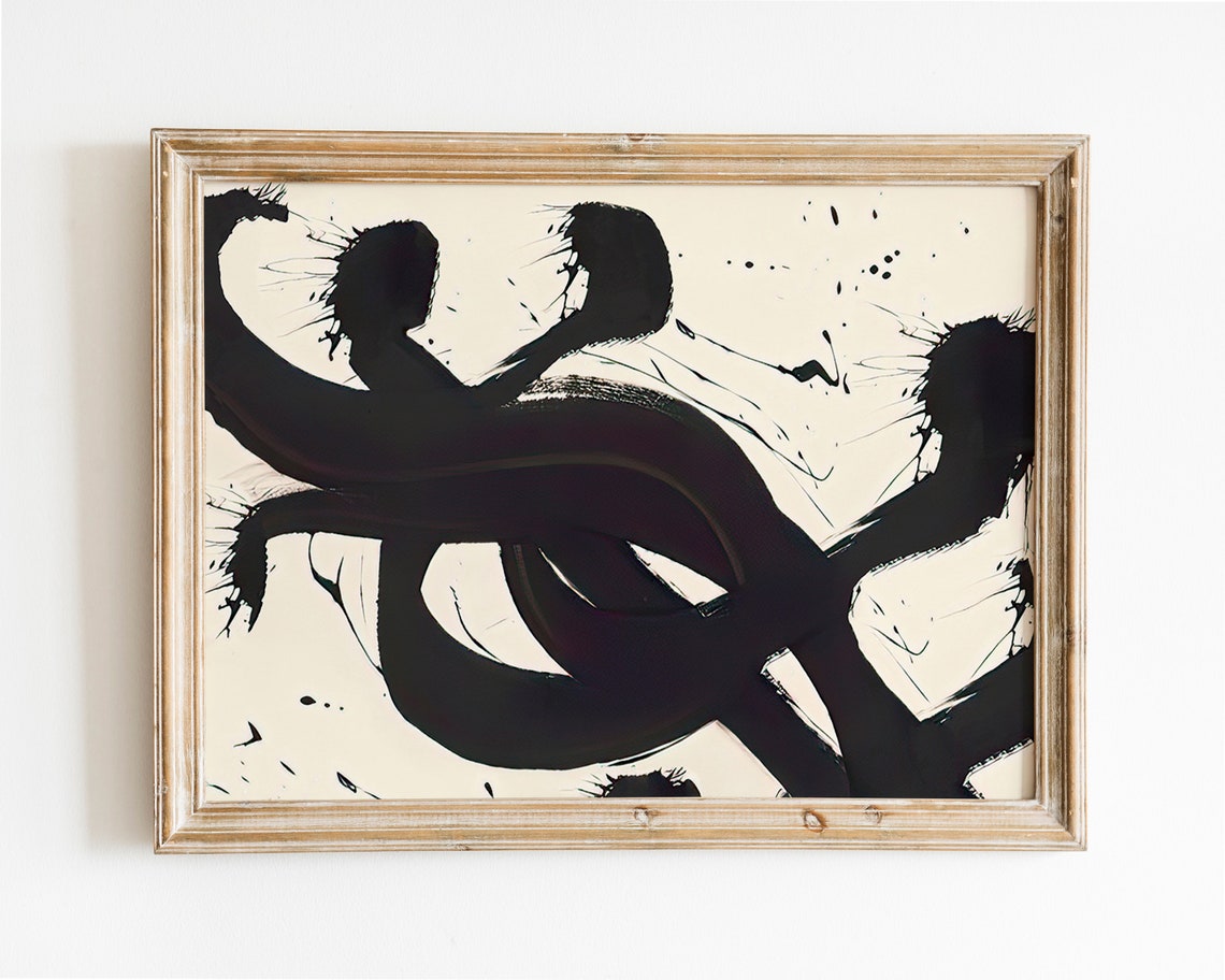 Gestural Black Ink Brush Strokes Abstract Minimalist Wall Art