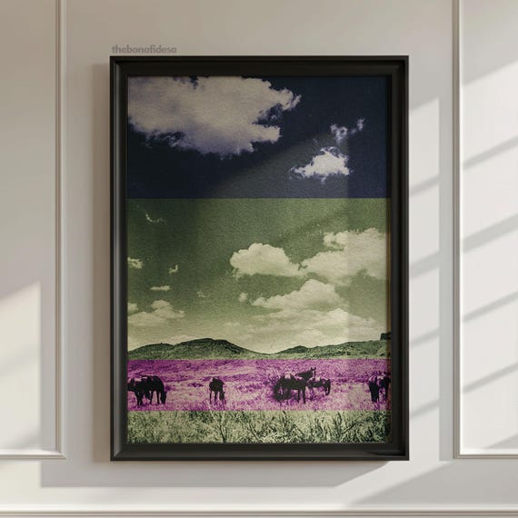 Surreal Landscape Altered Oil Painting Antiquevintage Collage Eclectic Wall Art Cloud Sky Brushstroke Country Farmhouse Home Decor