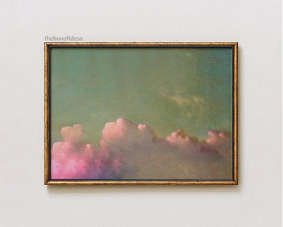 Blush Pink Clouds Wall Art Minimalist Decor Cloud Print Emerald Green Bedroom Teens Nature
