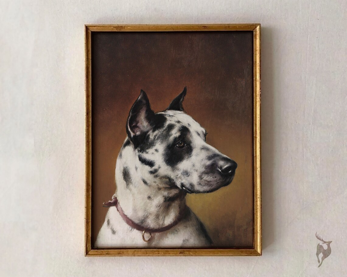 Great Dane Portrait Spotted Dog Antique Oil Painting Regal Poster