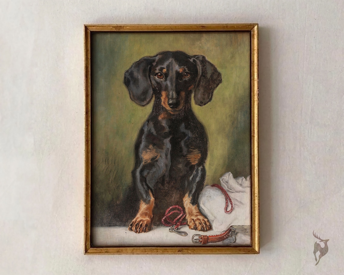 Vintage Dachshund Painting, Antique Dog Portrait