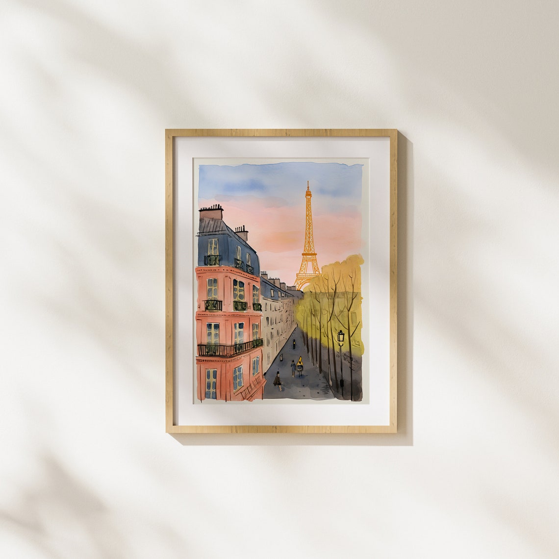 Paris Eiffel Tower Street at Sunset Watercolor Cityscape Art Poster
