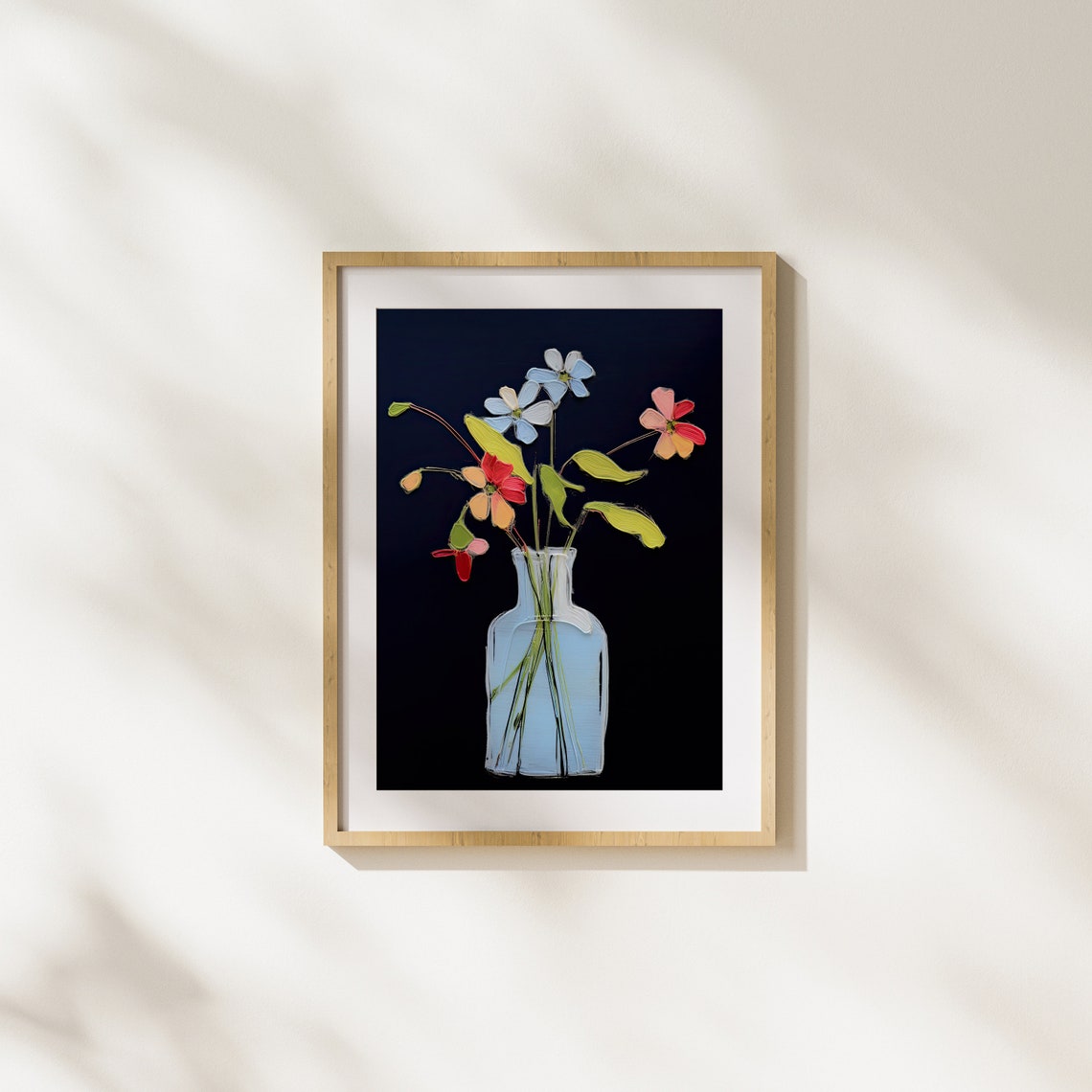 Minimal Wildflowers In Glass Vase On Dramatic Black Background Poster