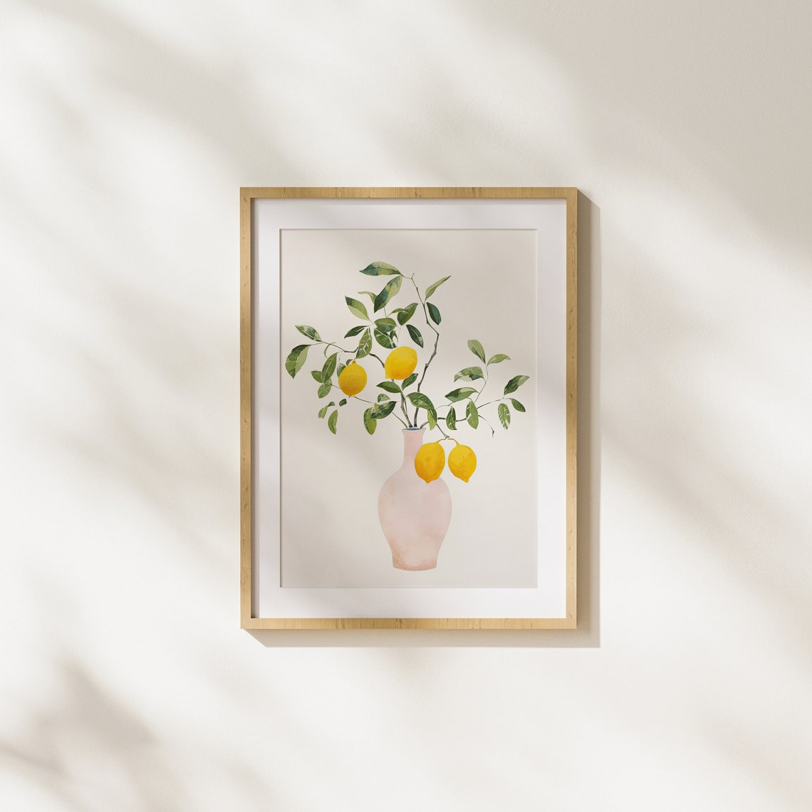 Lemon Branch in Blush Pink Vase Minimalist Botanical Art Poster