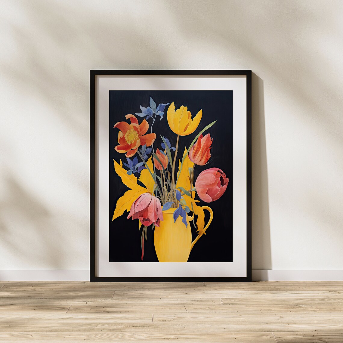 Tulips and Poppies in Yellow Vase Bold Floral Art on Black Poster - Image 3