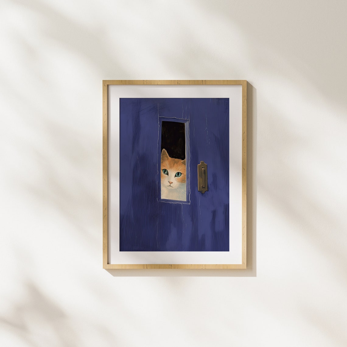 Curious Orange Tabby Cat Peeking Through Deep Blue Door Poster