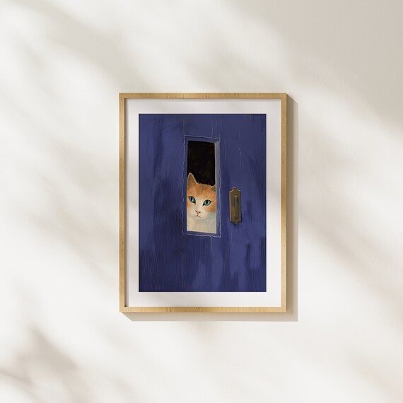 Curious Orange Tabby Cat Peeking Through Deep Blue Door Poster