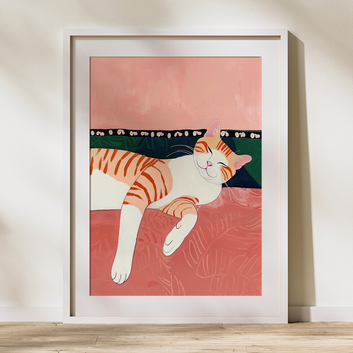 Sleeping Orange Tabby Cat On Pink Bedding Cozy Relaxed Whisker Art Poster - Image 2