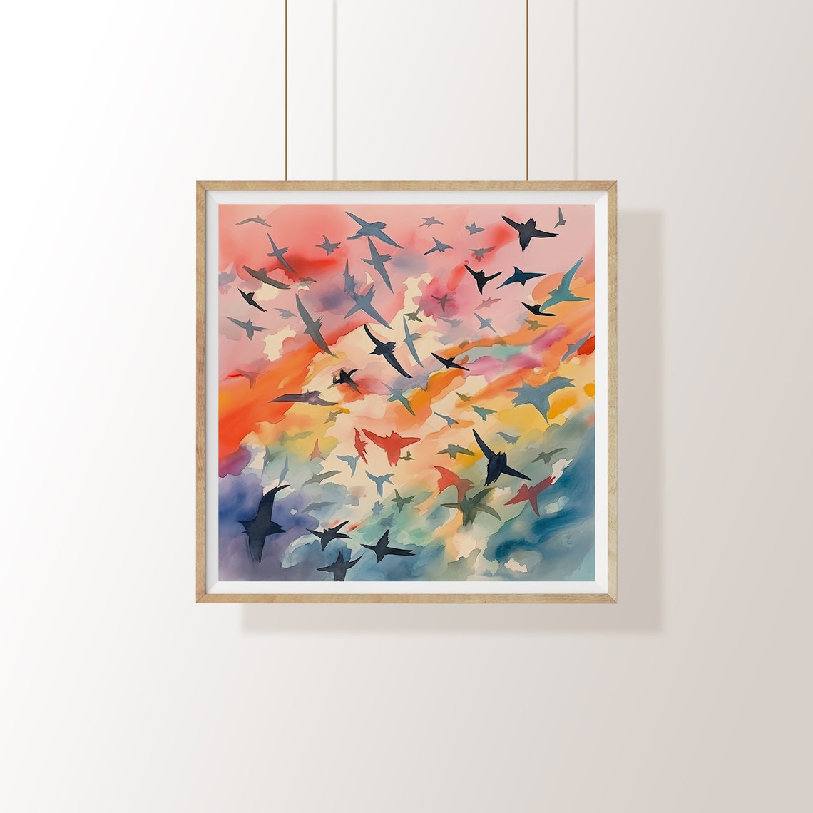 Flock Of Birds Flying Across A Colorful Sunset Sky Watercolor Poster