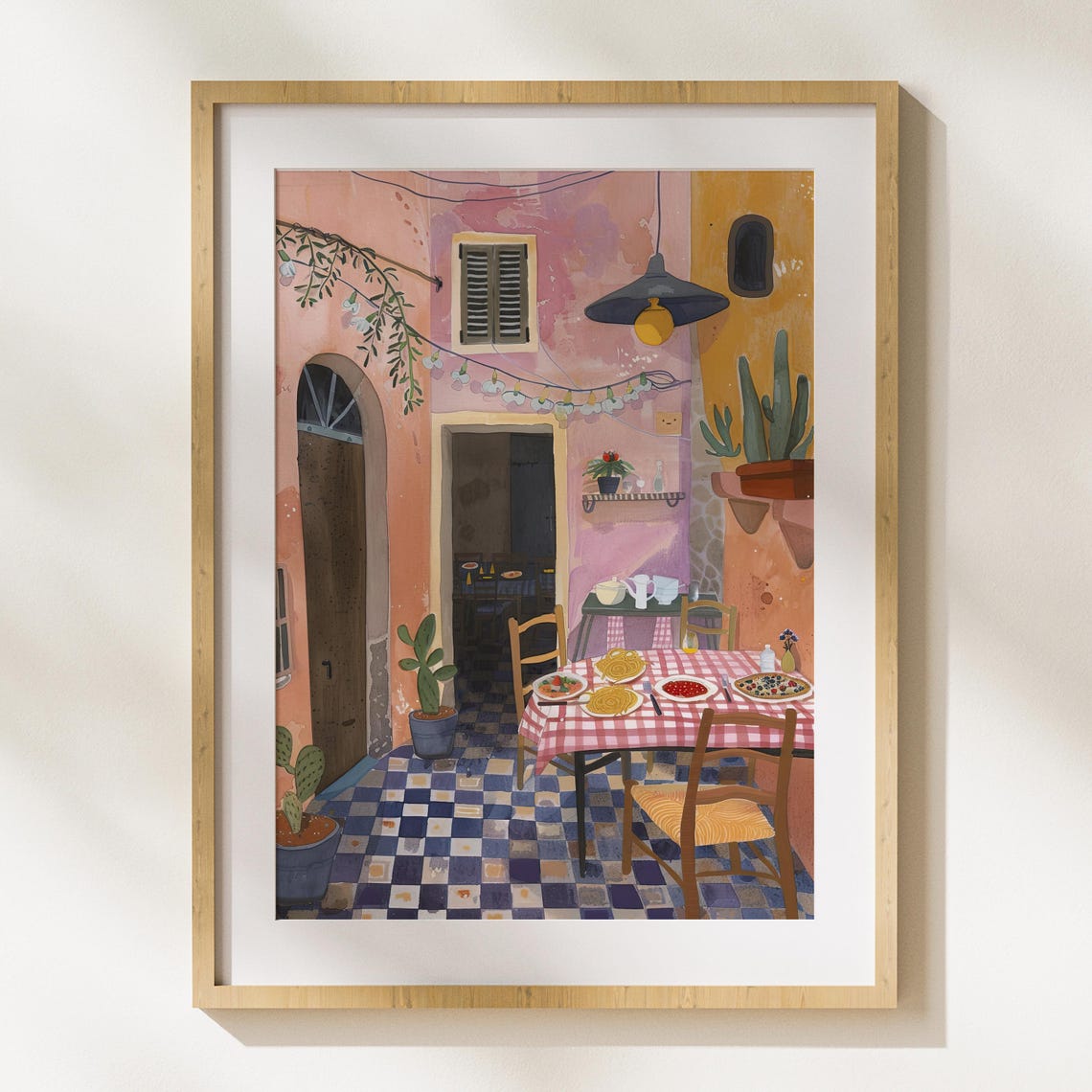 Sunny Mediterranean Cafe Terrace with Pasta Dinner Table Poster