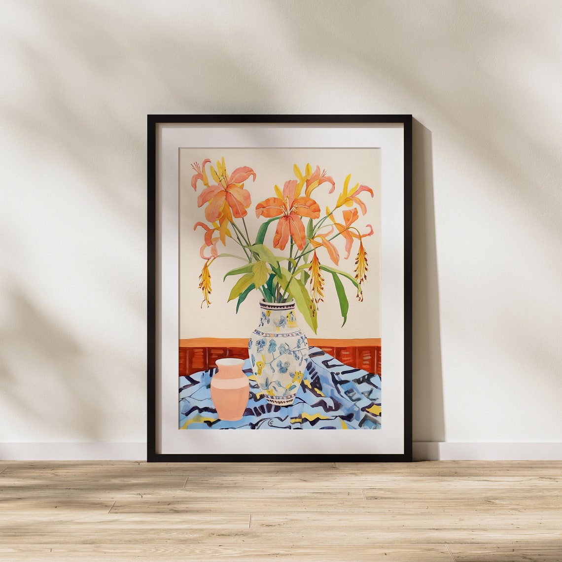 Orange Lilies in Patterned Vase Bright Botanical Flower Art Poster - Image 2