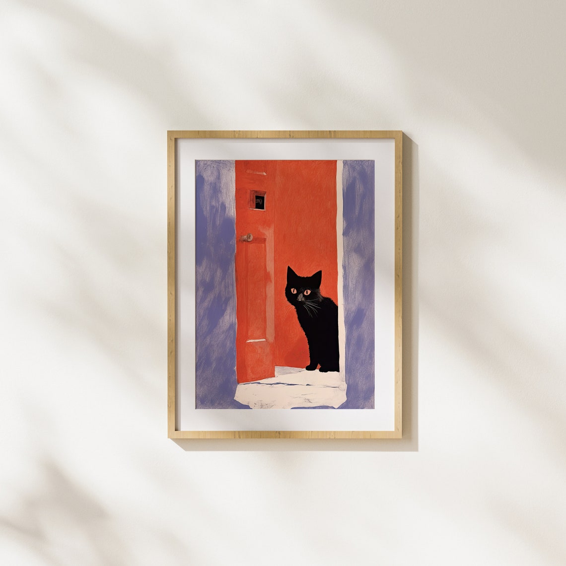 Black Cat Peeking From Behind Red Door Playful Animal Art Poster