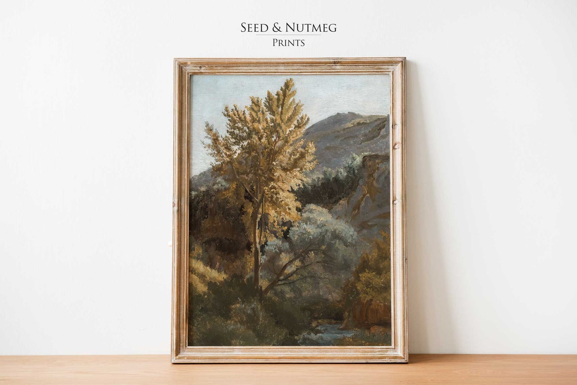 Mountain Tree Painting Wall Art Print Vintage Tree Muted Neutral Wall Art Oil Painting 113