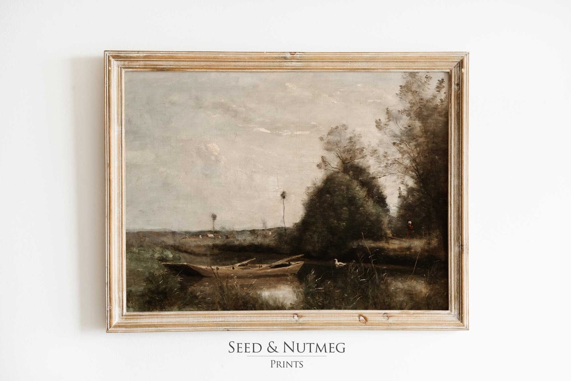 Boat In Marsh Waters Dark Muted Vintage Landscape Painting Poster