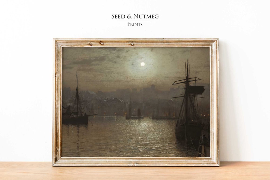 Full Moon Harbor Night Sailing Ships Muted Vintage Seascape Poster