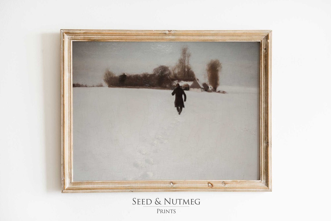 Lone Figure Walking Through Snowy Fields Vintage Winter Art Poster