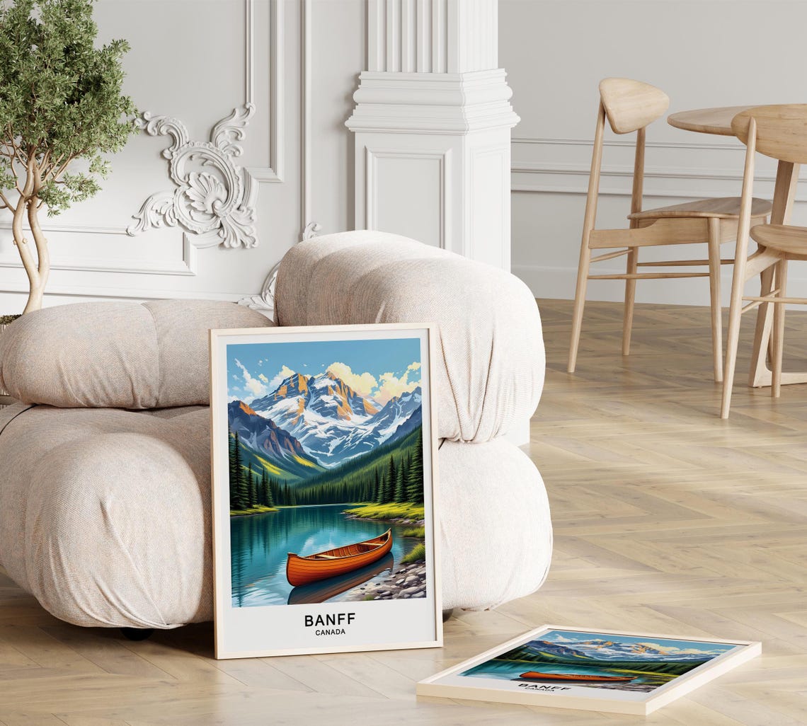 Banff Canada Red Canoe Turquoise Lake Snowy Rocky Mountain Poster - Image 3