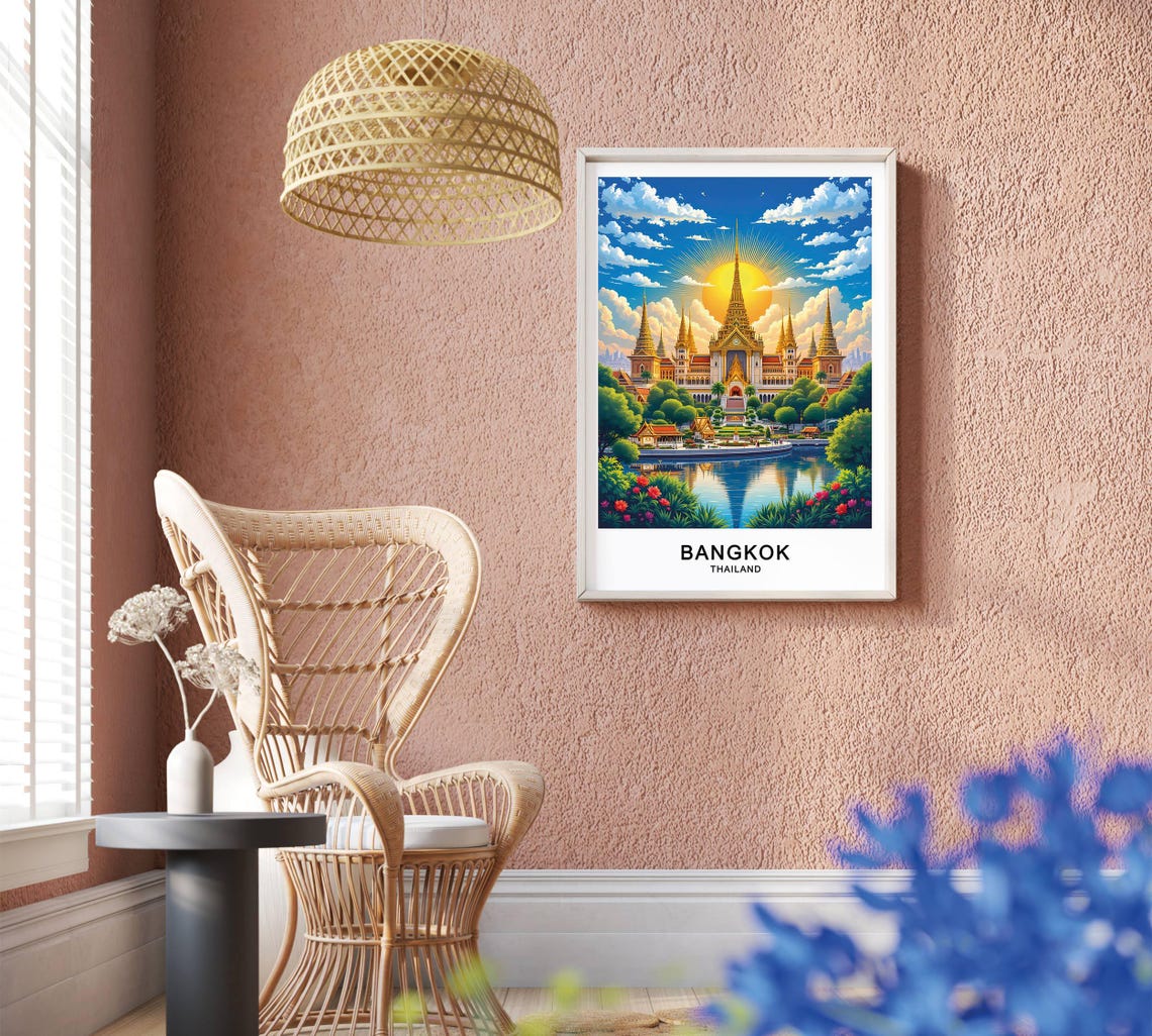 Bangkok Thailand Grand Temple Spires Lake Reflection Sunrise Poster - Image 2