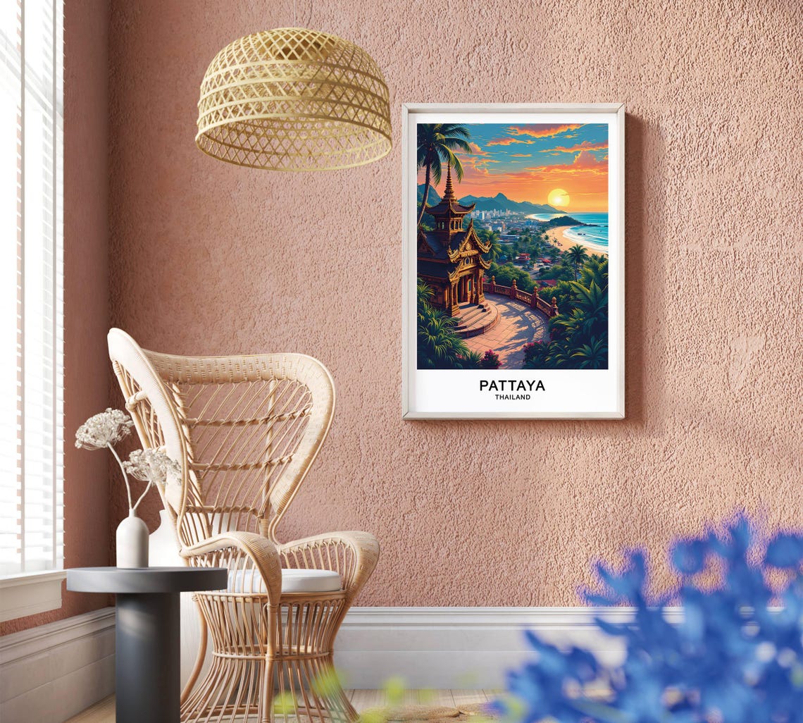 Pattaya Thailand Temple Overlook Bay Sunset Palm Coast Poster - Image 2