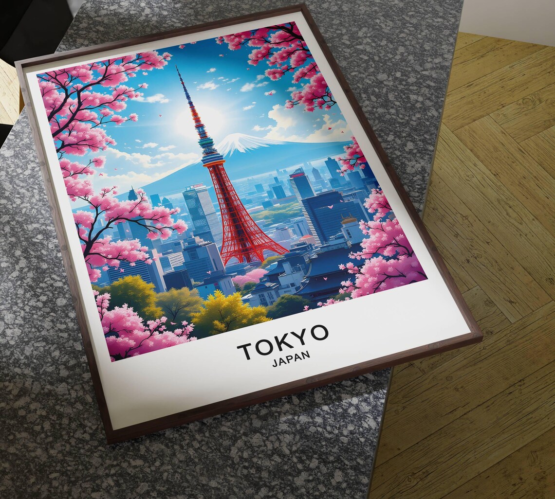 Tokyo Japan Red Tokyo Tower Mount Fuji Cherry Blossom City View Poster - Image 4
