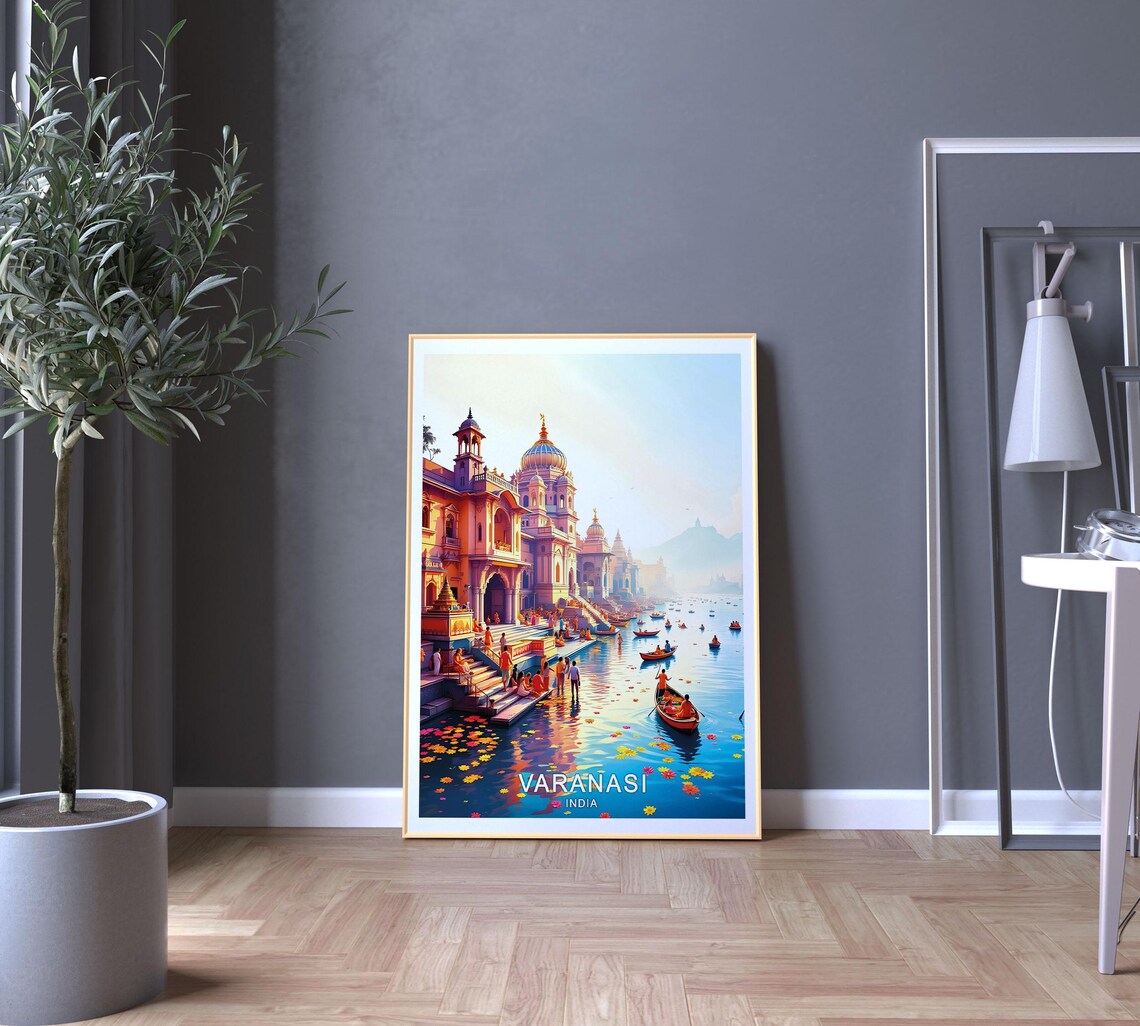Varanasi India Ganges River Ghats Temple Boats Marigold Morning Poster - Image 5