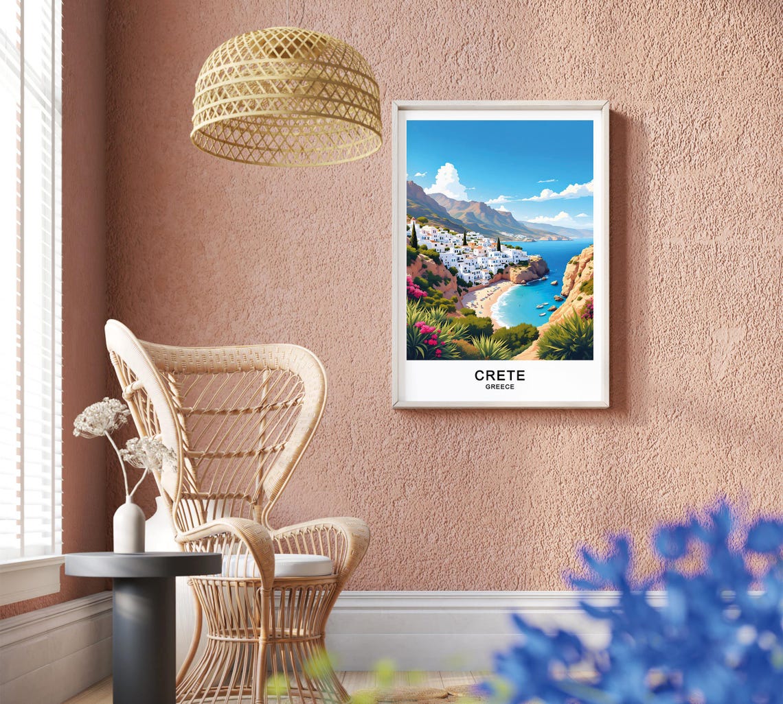 Crete Greece Whitewashed Cliff Village Beach Cove Mountain Poster - Image 2