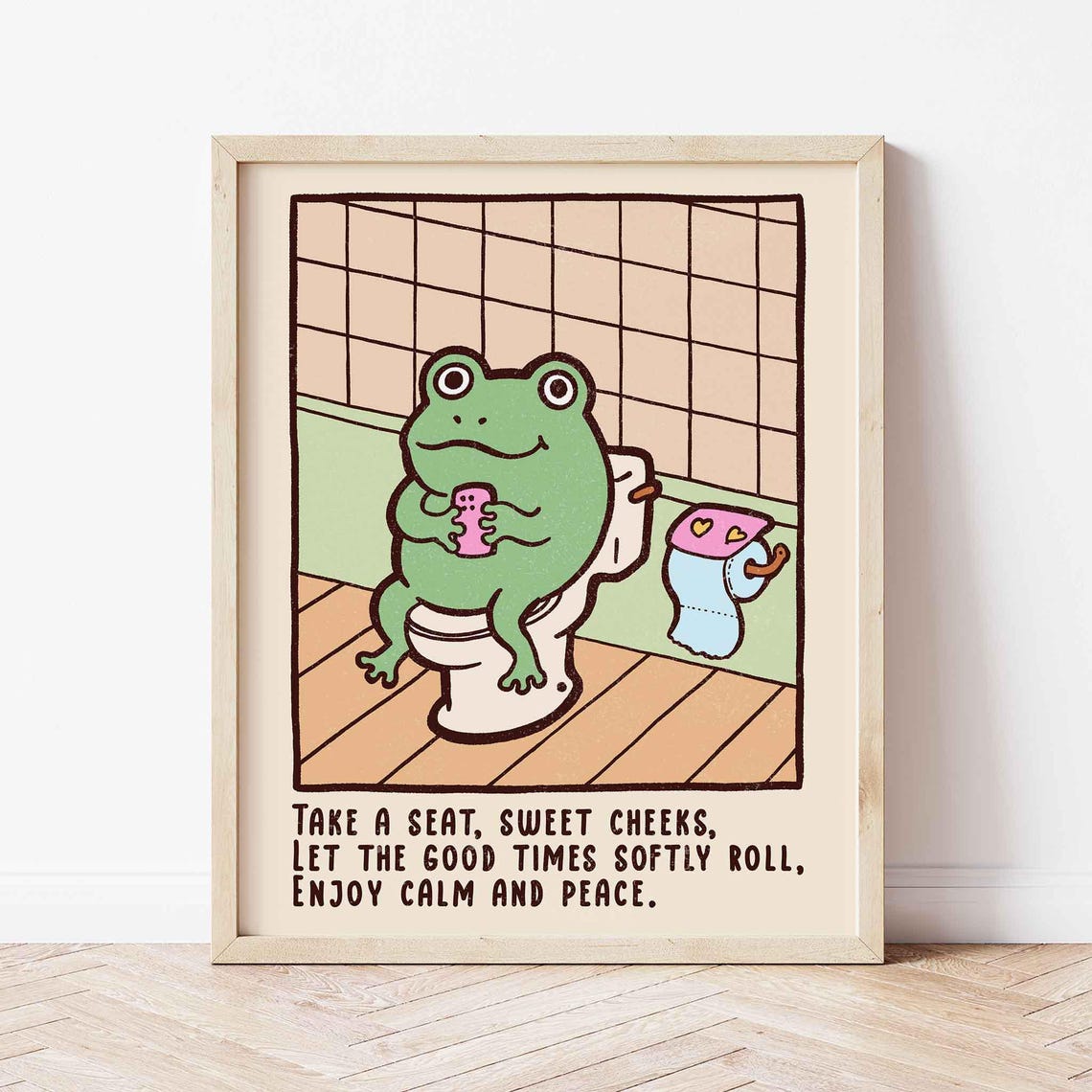 Funny Frog On Toilet Bathroom Quote Poster Take A Seat Sweet Cheeks