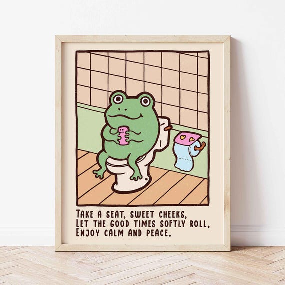 Cute Frog On A Toilet Print Funny Bathroom Art Poster Wall Shipped Unframed Japandi Toad Rest Room Decor