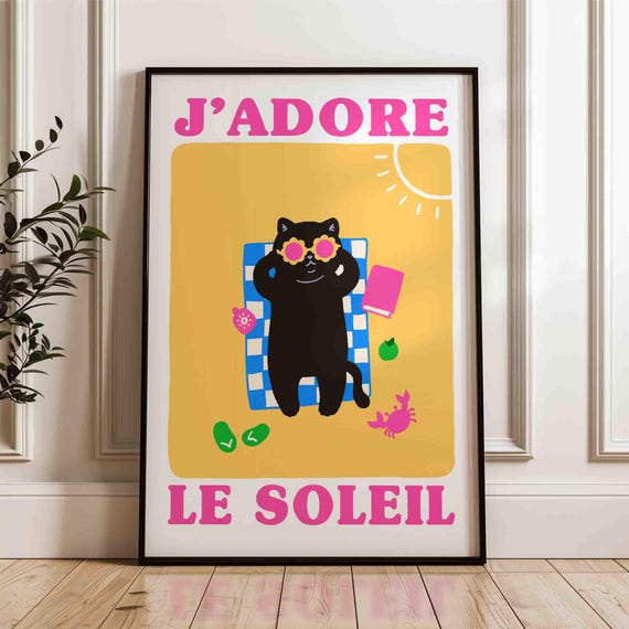 Cat Jadore Le Soleil Print Funny On The Beach Poster Funky Wall Art Kitten Coastal Gallery Cute Summer