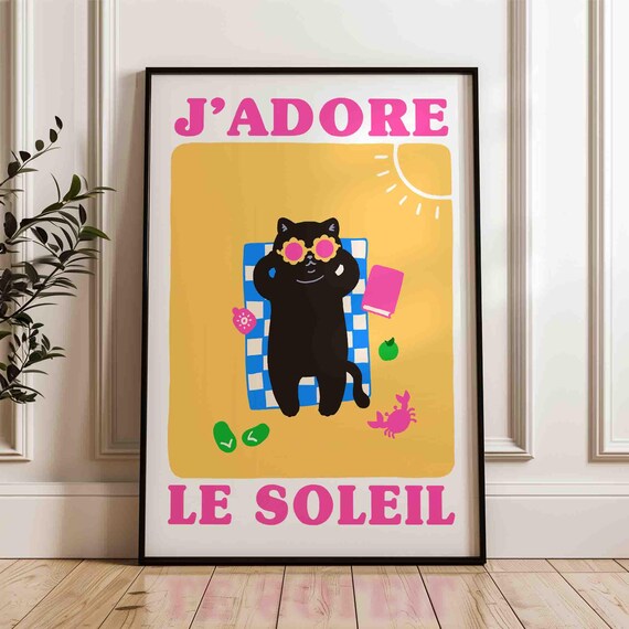 J Adore Le Soleil Black Cat Summer Sun Poster Black Frame Edition